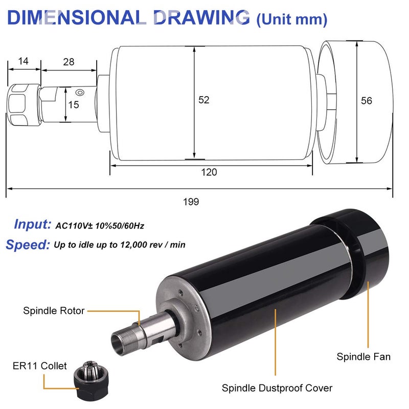 MYSWEETY CNC Spindle, 500W Air Cooled 0.5kw Milling Motor and Spindle Speed Power Converter and 52mm Clamp and 13pcs ER11 Collet for DIY Engraving - Image 2